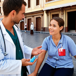 **Image:** A tourist receiving medical assistance abroad. The scene should portray a sense of reassurance and professionalism, highlighting the benefits of travel insurance. Focus on conveying the peace of mind that comes with knowing you're protected.