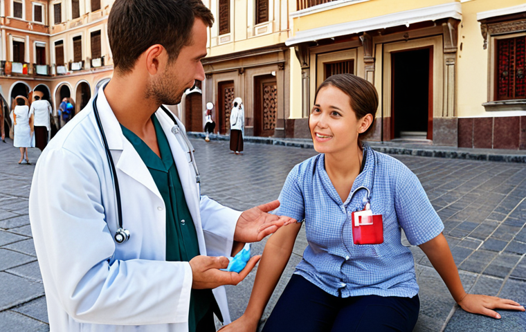 **Image:** A tourist receiving medical assistance abroad. The scene should portray a sense of reassurance and professionalism, highlighting the benefits of travel insurance. Focus on conveying the peace of mind that comes with knowing you're protected.