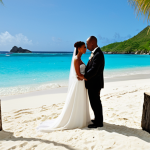 **A romantic wedding ceremony on a white sand beach in St. Vincent and the Grenadines, with turquoise water and palm trees in the background. The bride and groom are exchanging vows.** (Focus: Beach wedding, romantic, scenic)