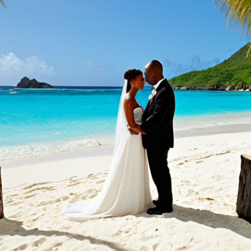 **A romantic wedding ceremony on a white sand beach in St. Vincent and the Grenadines, with turquoise water and palm trees in the background. The bride and groom are exchanging vows.** (Focus: Beach wedding, romantic, scenic)