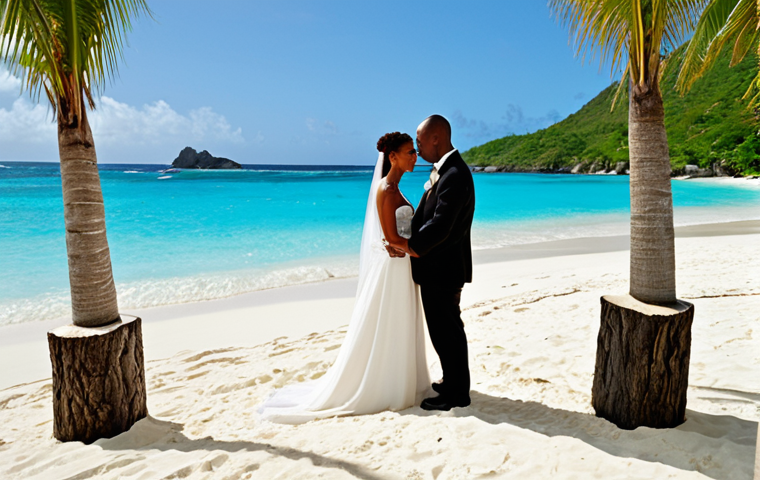 **A romantic wedding ceremony on a white sand beach in St. Vincent and the Grenadines, with turquoise water and palm trees in the background. The bride and groom are exchanging vows.** (Focus: Beach wedding, romantic, scenic)